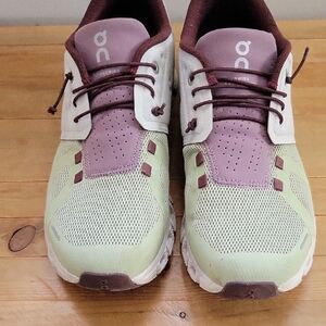 On Running Green and Purple Athletic Shoes with Knit Upper